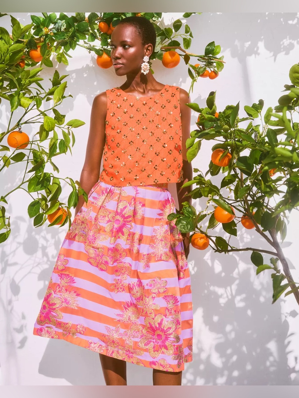 Lilly Pulitzer Lauderdale Midi Skirt Papaya Metallic Floral, NWT, size 4 / small